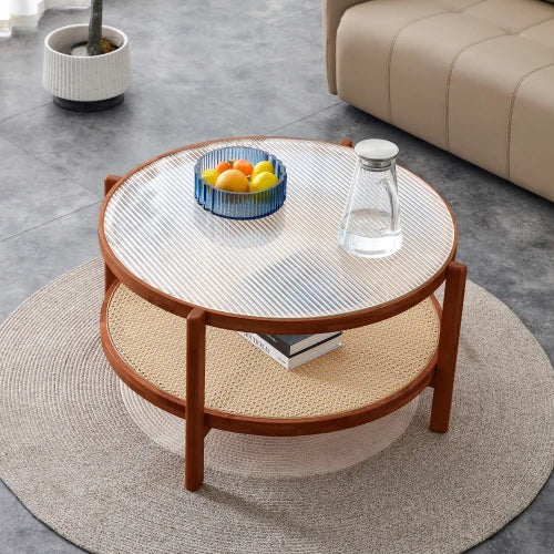 Minimalist Circular Coffee Table With Glass Top And PE Rattan