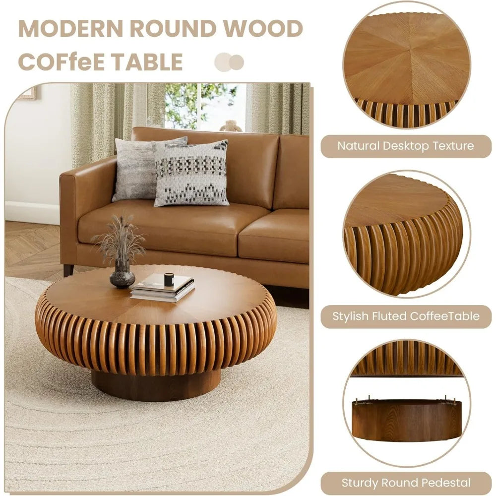 Fluted Drum Coffee Table With Sturdy Pedestal For Living Room