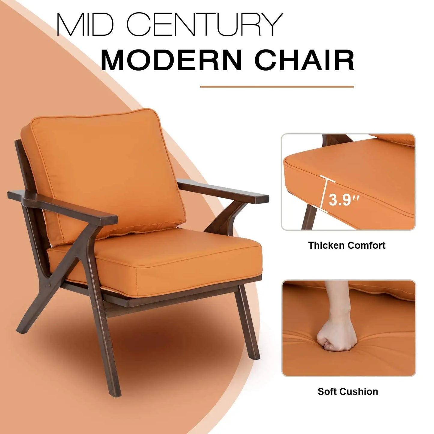 Mid Century Wood Frame Leather Upholstered Accent Chair Removable Cushions