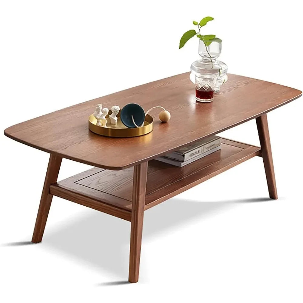 Two Tier Solid Oak Wood Coffee Table With Double Storage