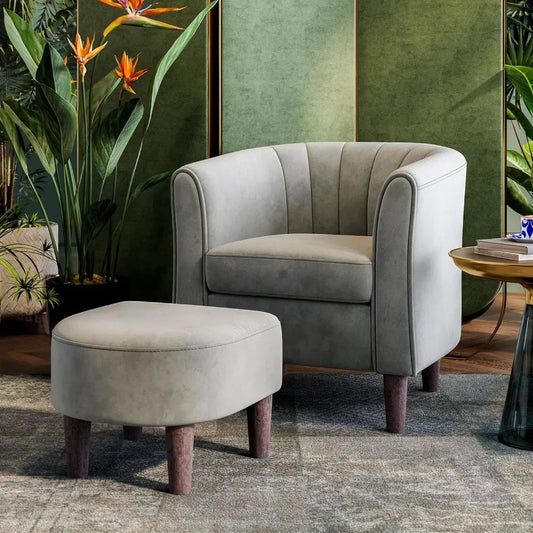 Modern Barrel Chair With Ottoman Plush Round Arm Design