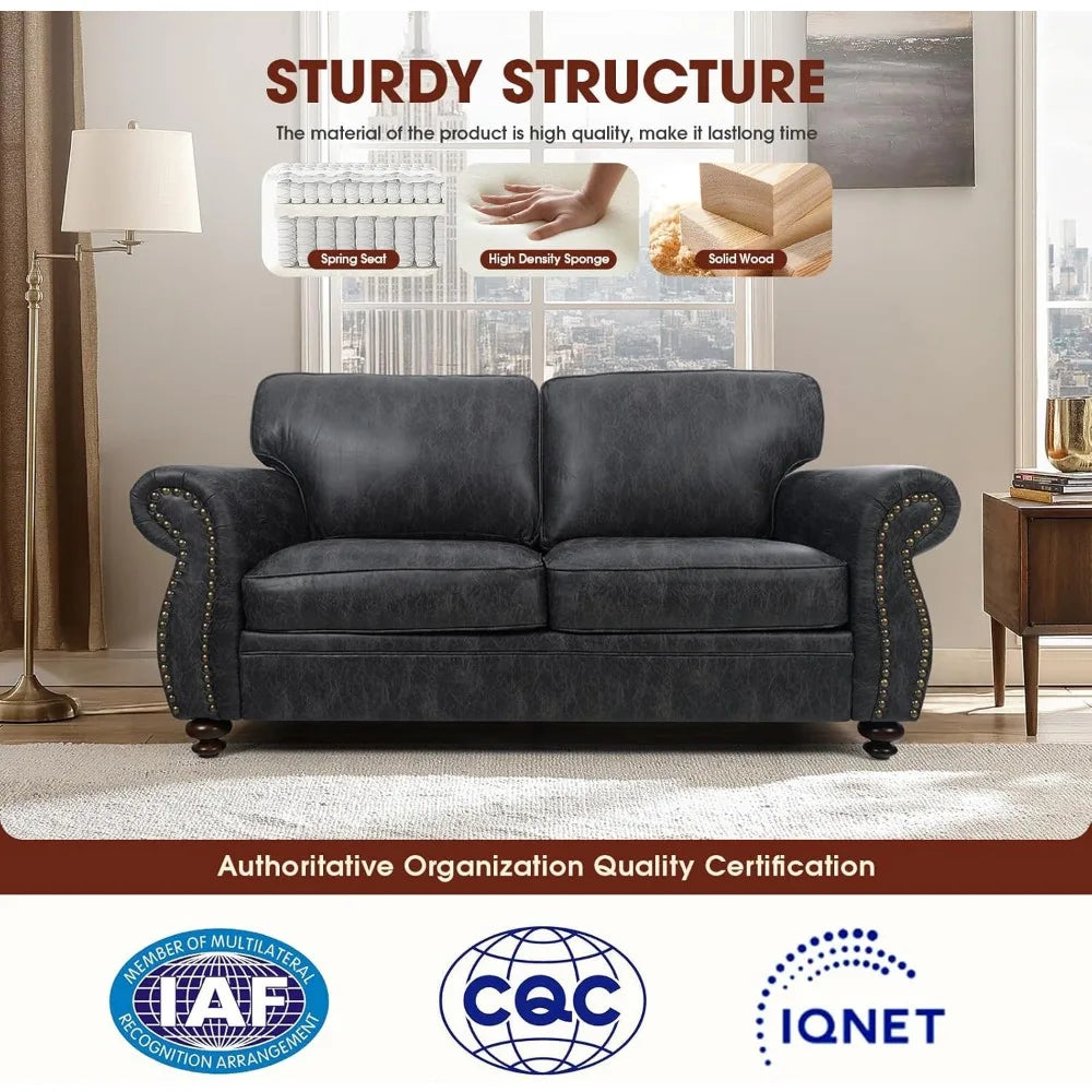 Mid Century Loveseat With Rivet Accents Removable Cover Solid Wood