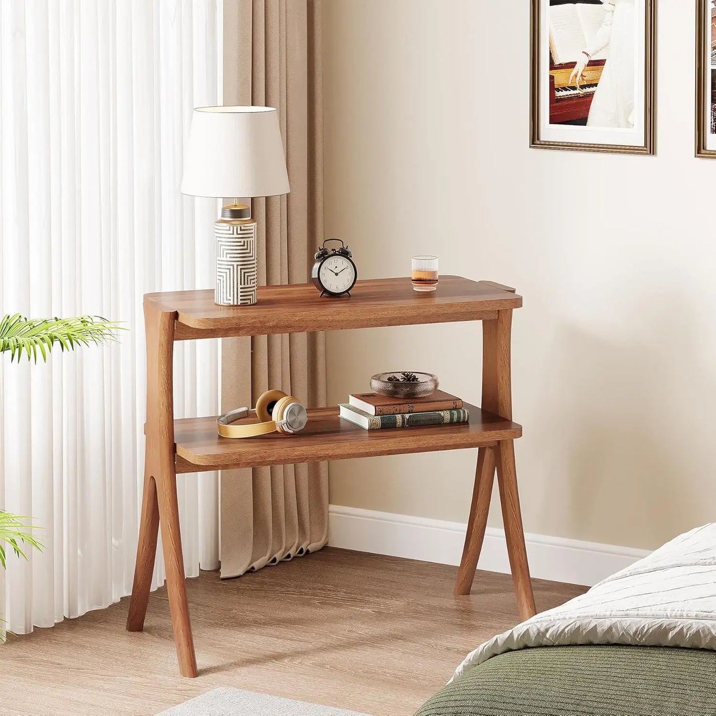 Farmhouse Side Table With 2-Tier Storage Shelf
