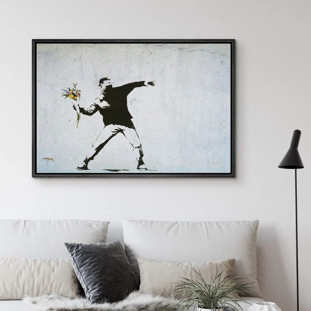 Banksy Inspired Framed Canvas Wall Art Man Throwing Flowers