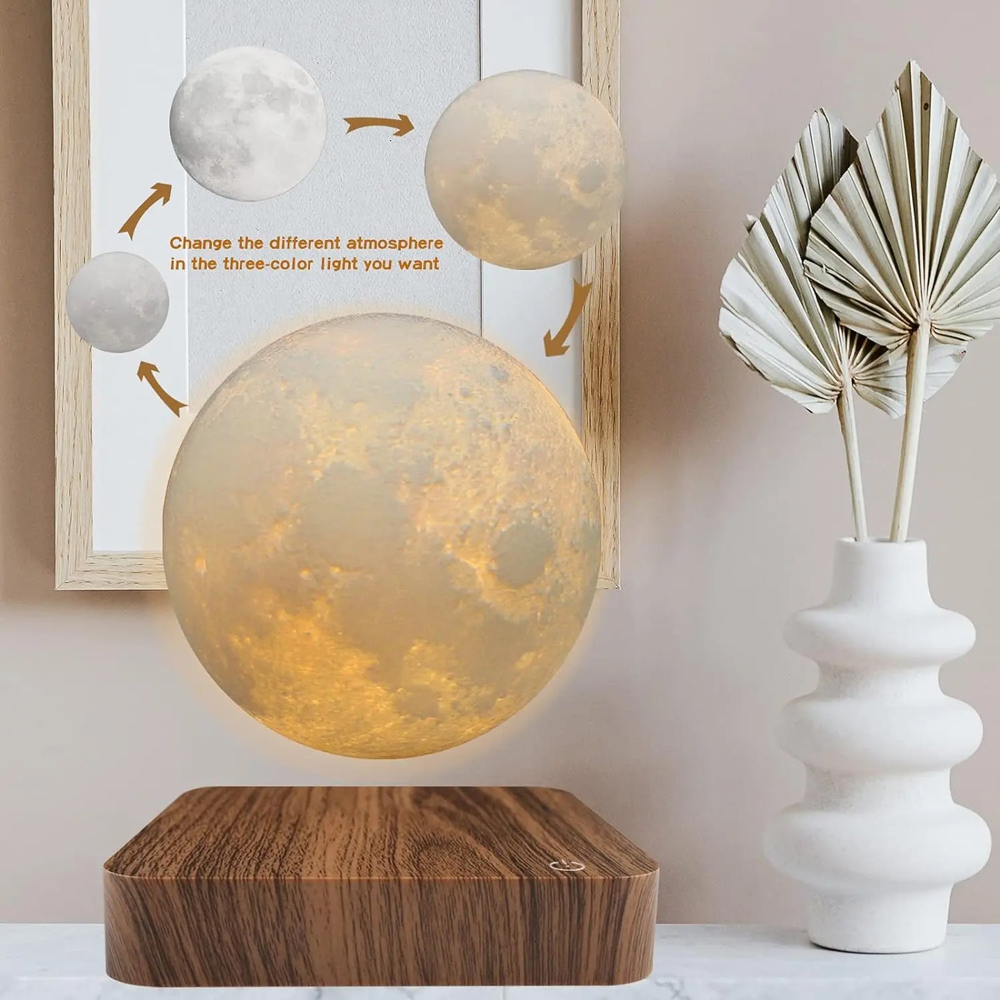 Magnetic Floating Moon Lamp With Wooden Base 3LED Lighting