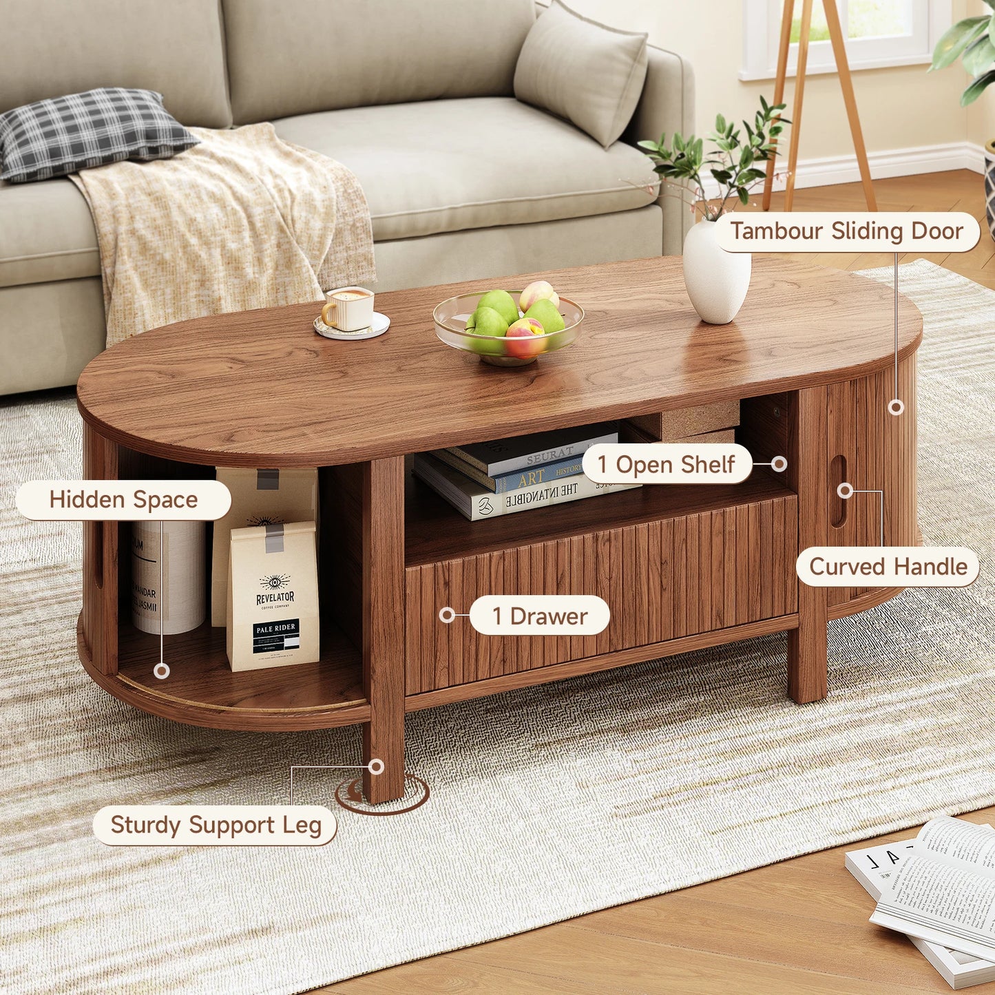 Oval Coffee Table With Storage And Sliding Doors Living Room