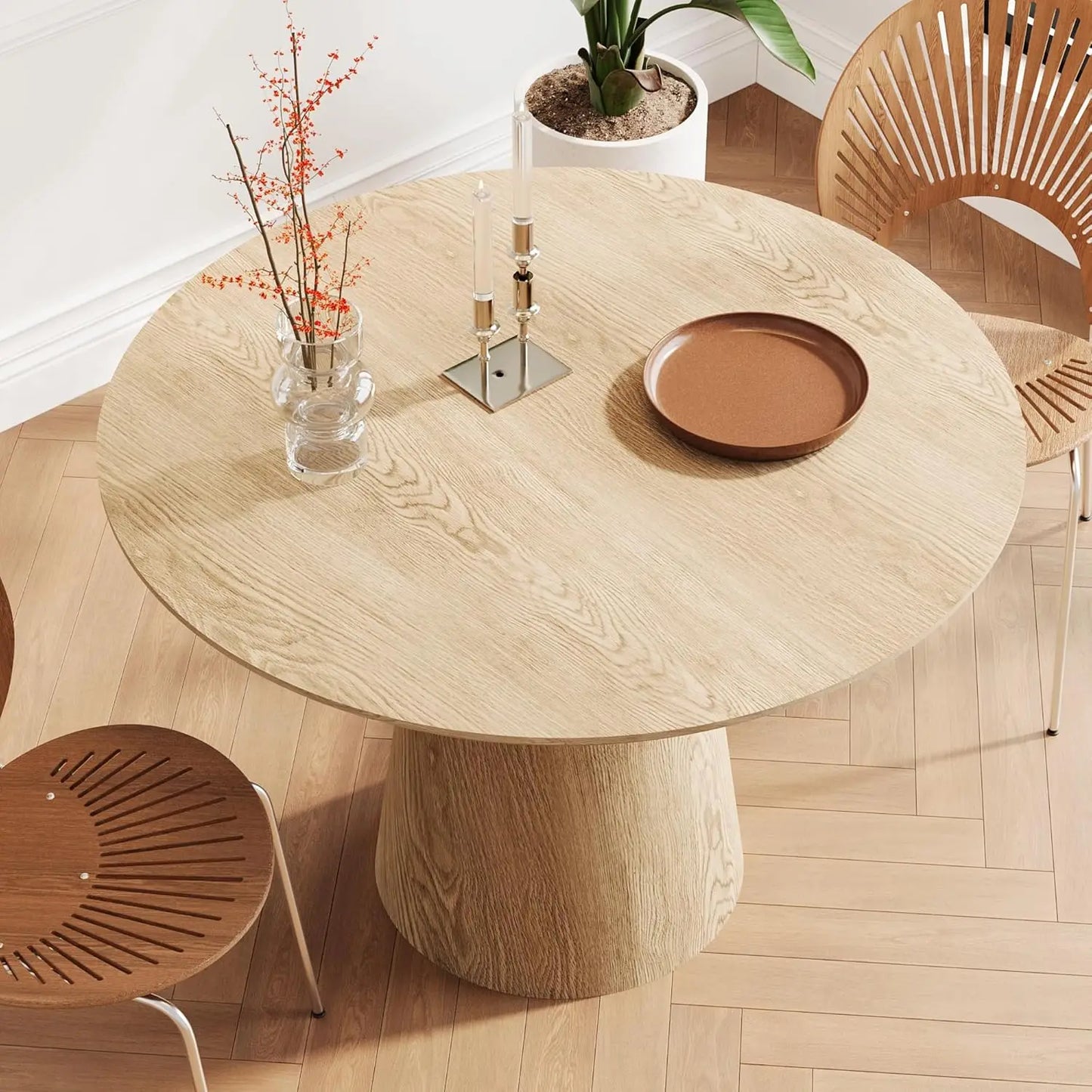 Mid Century Modern Farmhouse Round Dining Table With Wooden Pedestal Base Stain Resistant Surface