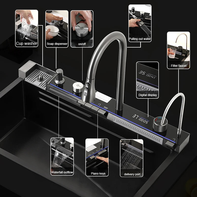 304 Stainless Steel Waterfall Faucet Set Digital Display