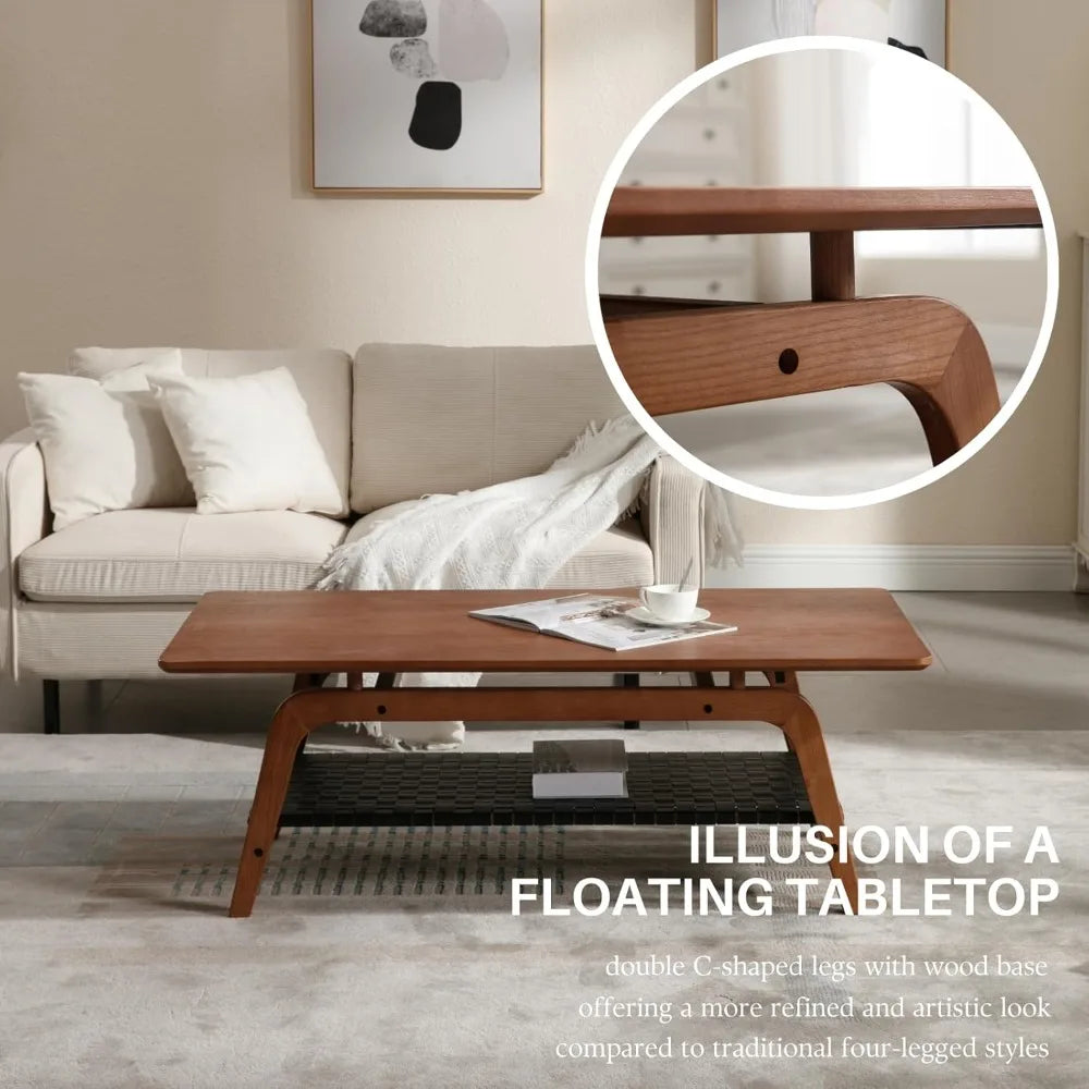 Solid Wood Coffee Table With Tier Storage Mid Century Modern