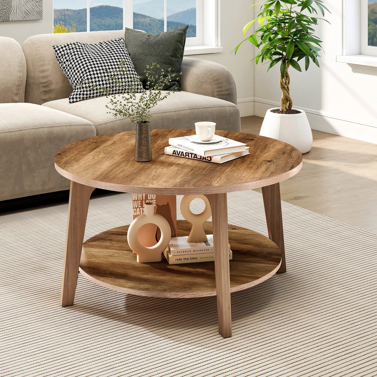 JHK Wood Coffee Table Modern Design With Storage Two Tier
