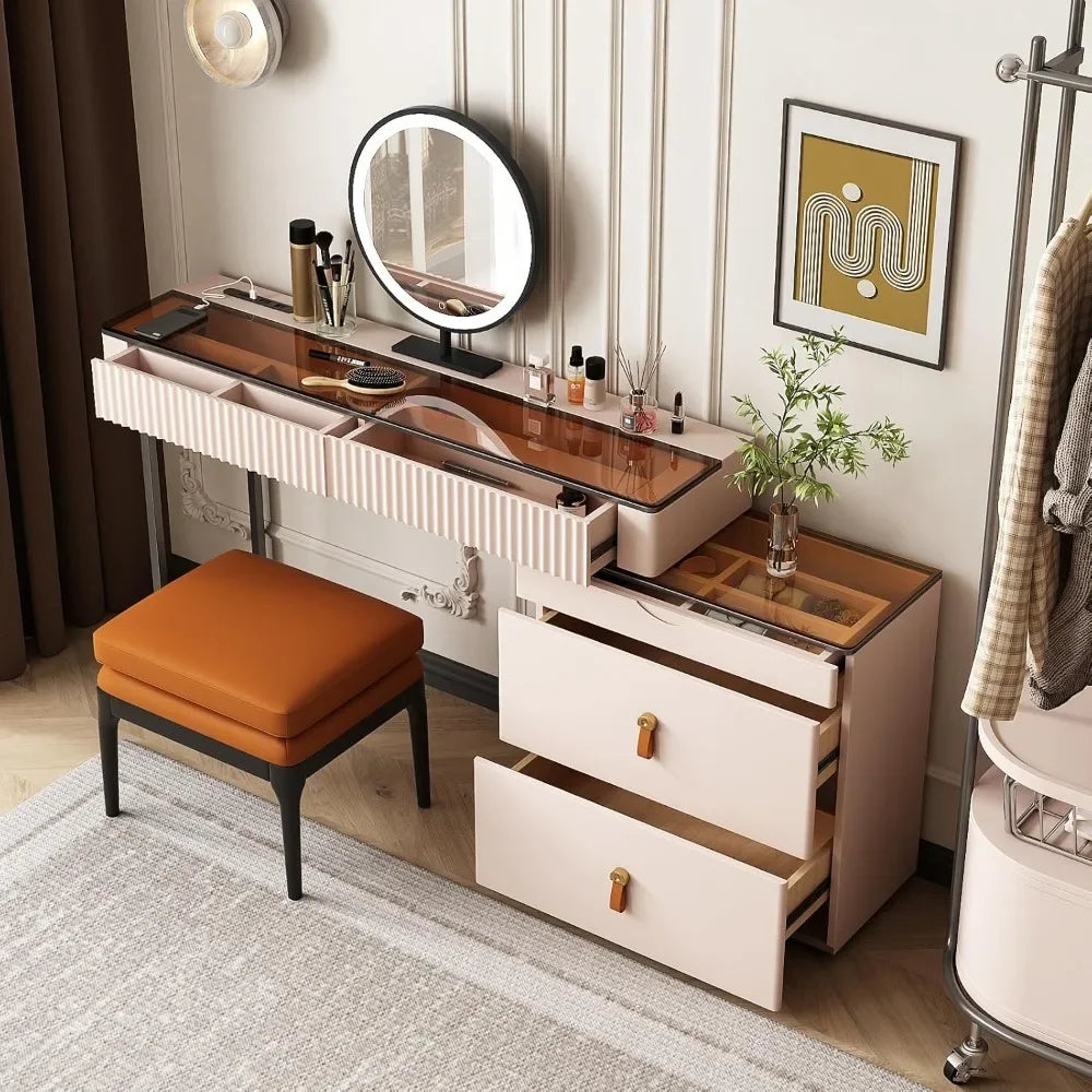 Makeup Vanity With LED Lighted Mirror And Extendable Dresser