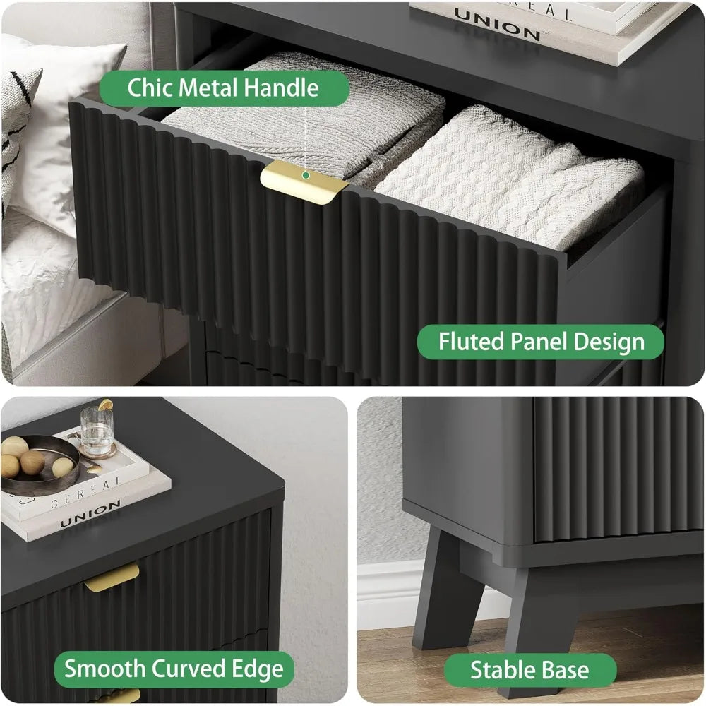 Fluted Nightstand With 3 Drawers Wood Bedside Table