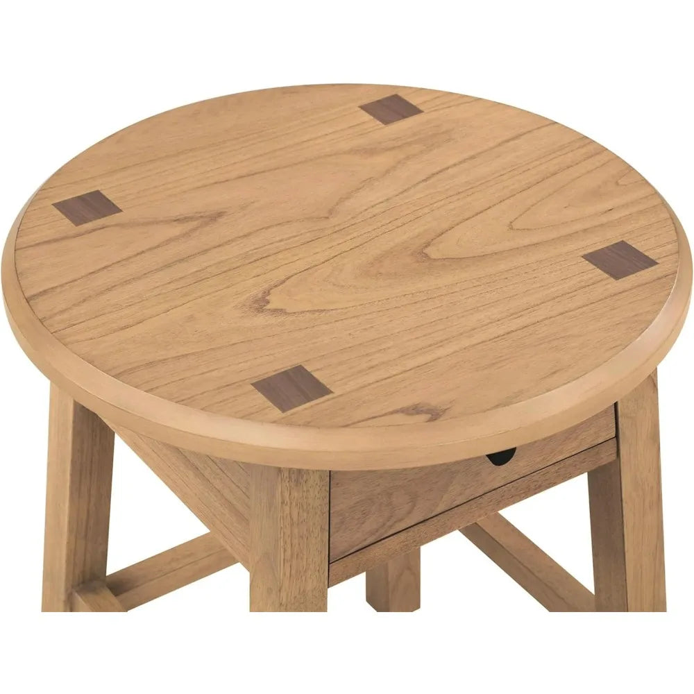 Rubberwood End Table With Drawer Round Accent For Living Room