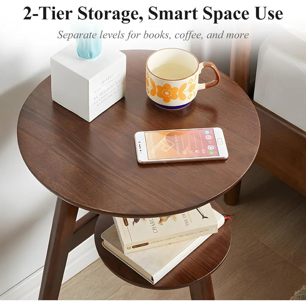 Mid Century Modern Round Oak End Table Two Tier