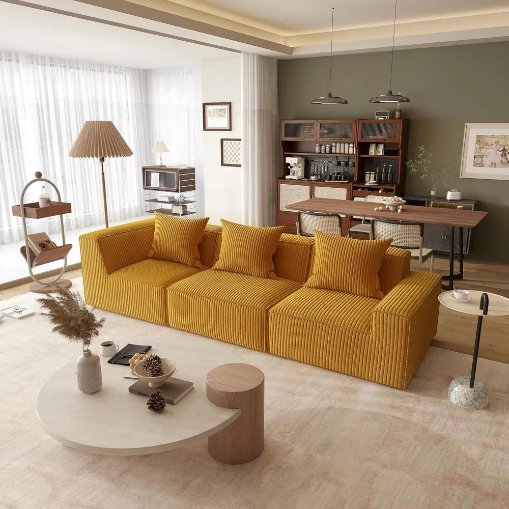 110 Inch Corduroy Compressed Modular Sectional Sofa, 3-Seat Cloud Memory Foam Boneless Couch with Deep Seat, Modern Upholstered