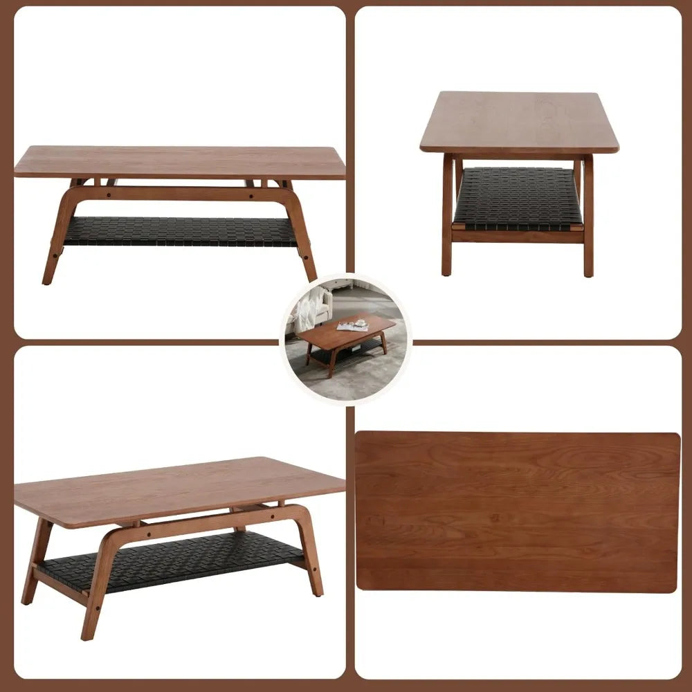 Solid Wood Coffee Table With Tier Storage Mid Century Modern