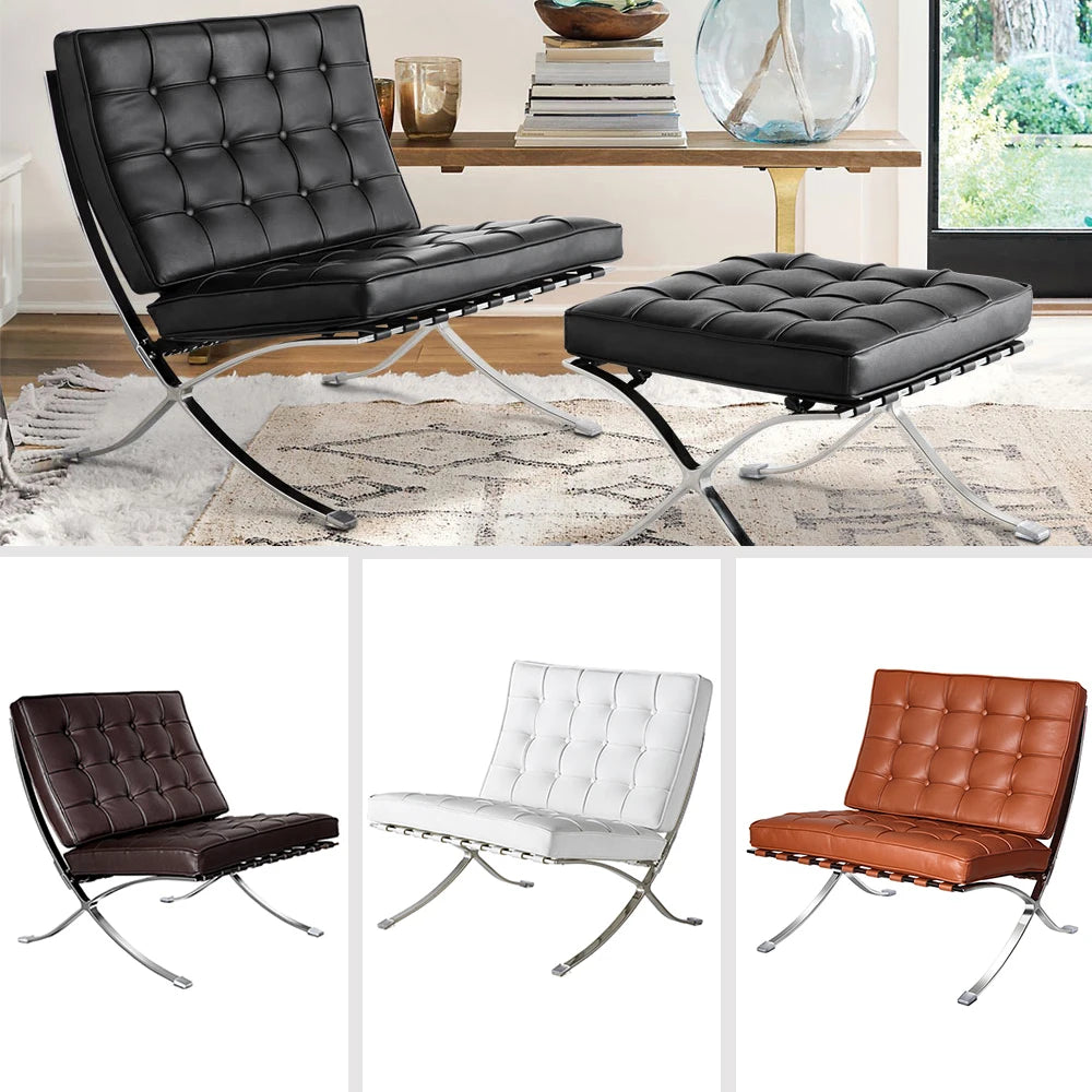 Mid Century Foldable Leather Lounge Chair With Foot Rest