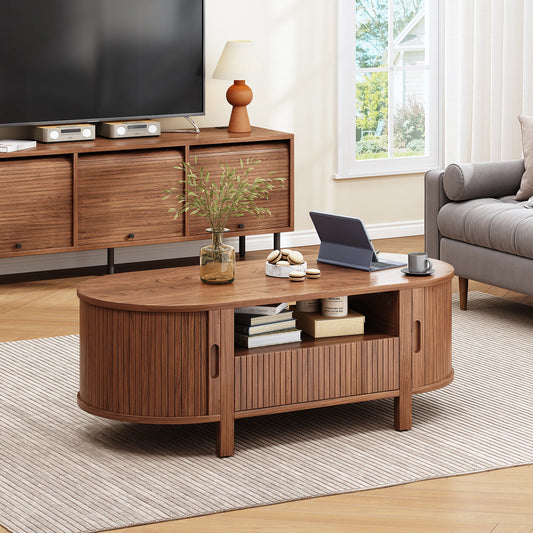 Oval Coffee Table With Storage And Sliding Doors Living Room