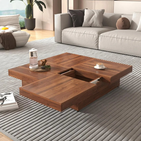Modern Marble Veneer Coffee Table With Sliding Top Storage