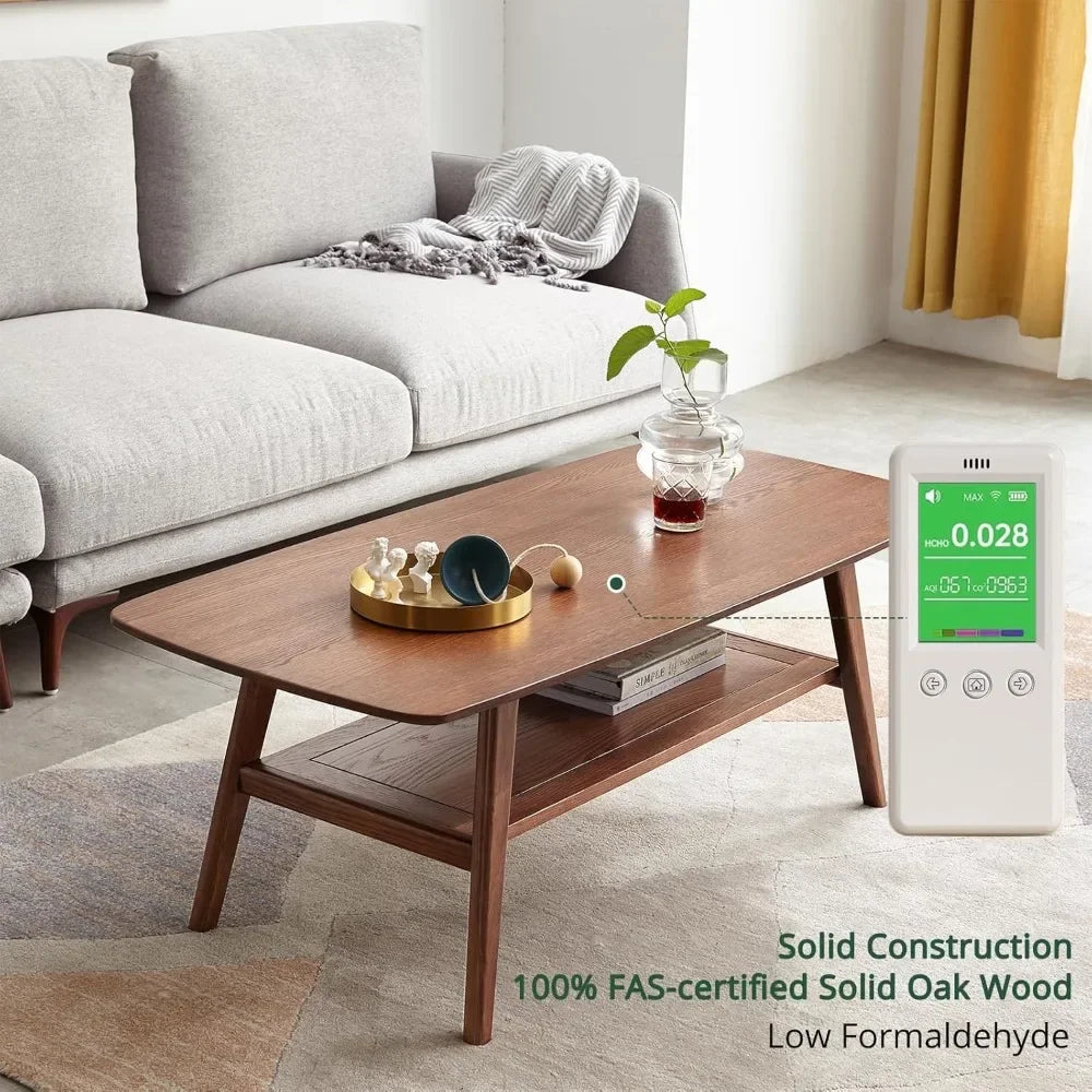 Two Tier Solid Oak Wood Coffee Table With Double Storage