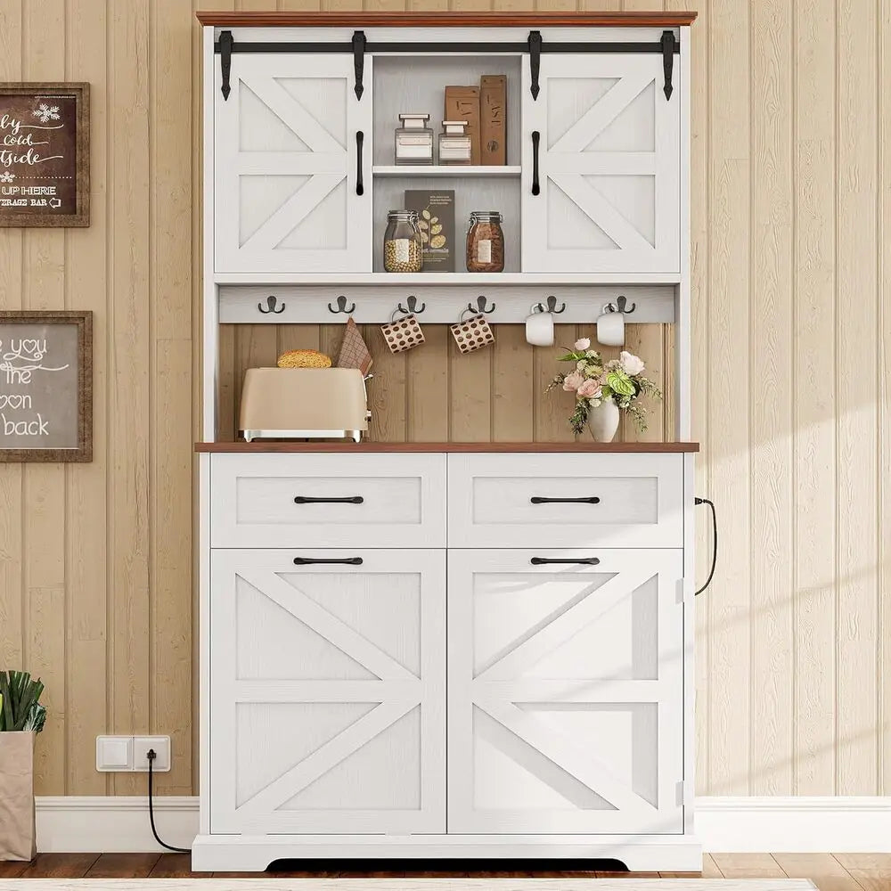 IRONCK Farmhouse Kitchen Pantry Storage Cabinet With Microwave Stand Charging Station Hidden Trash Can