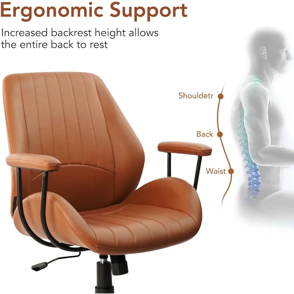 Mid Century Modern Ergonomic Leather Office Chair With Lumbar Support